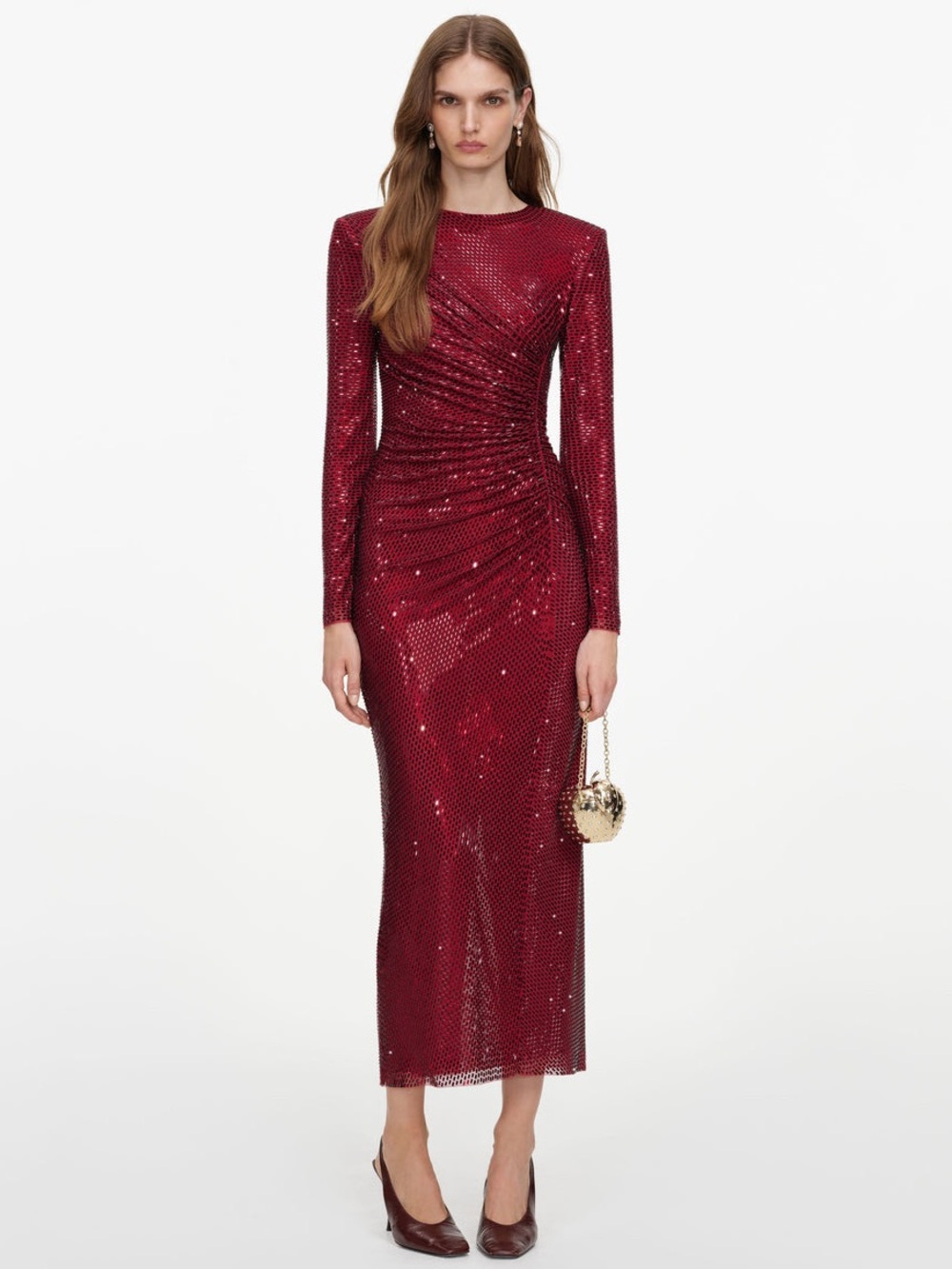 Self-Portrait NWOT BURGUNDY RHINESTONE GATHERED MIDI DRESS